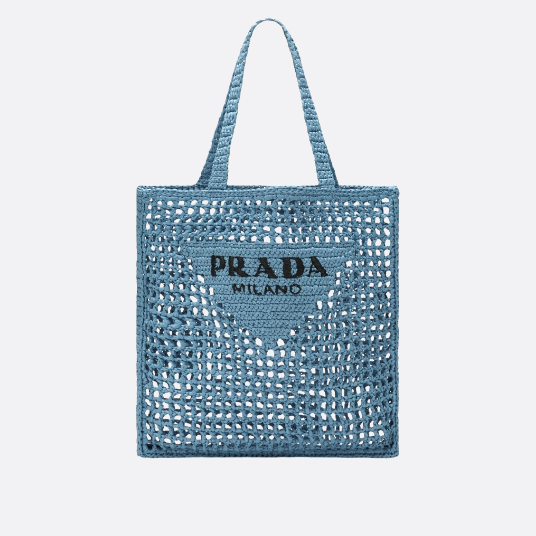 PRADA RAPHIA SHOPPER BAG WITH WOVEN LOGO – BLUE