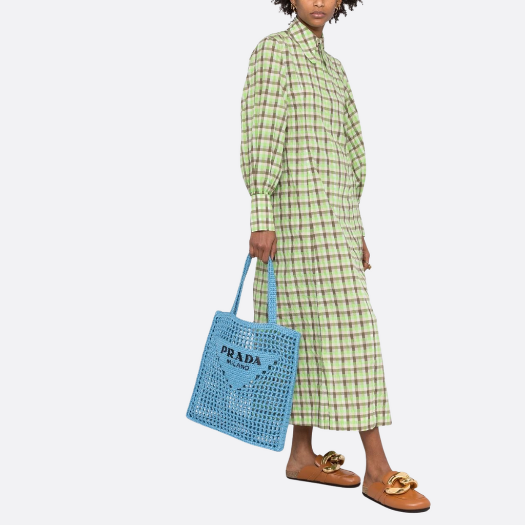PRADA RAPHIA SHOPPER BAG WITH WOVEN LOGO – BLUE