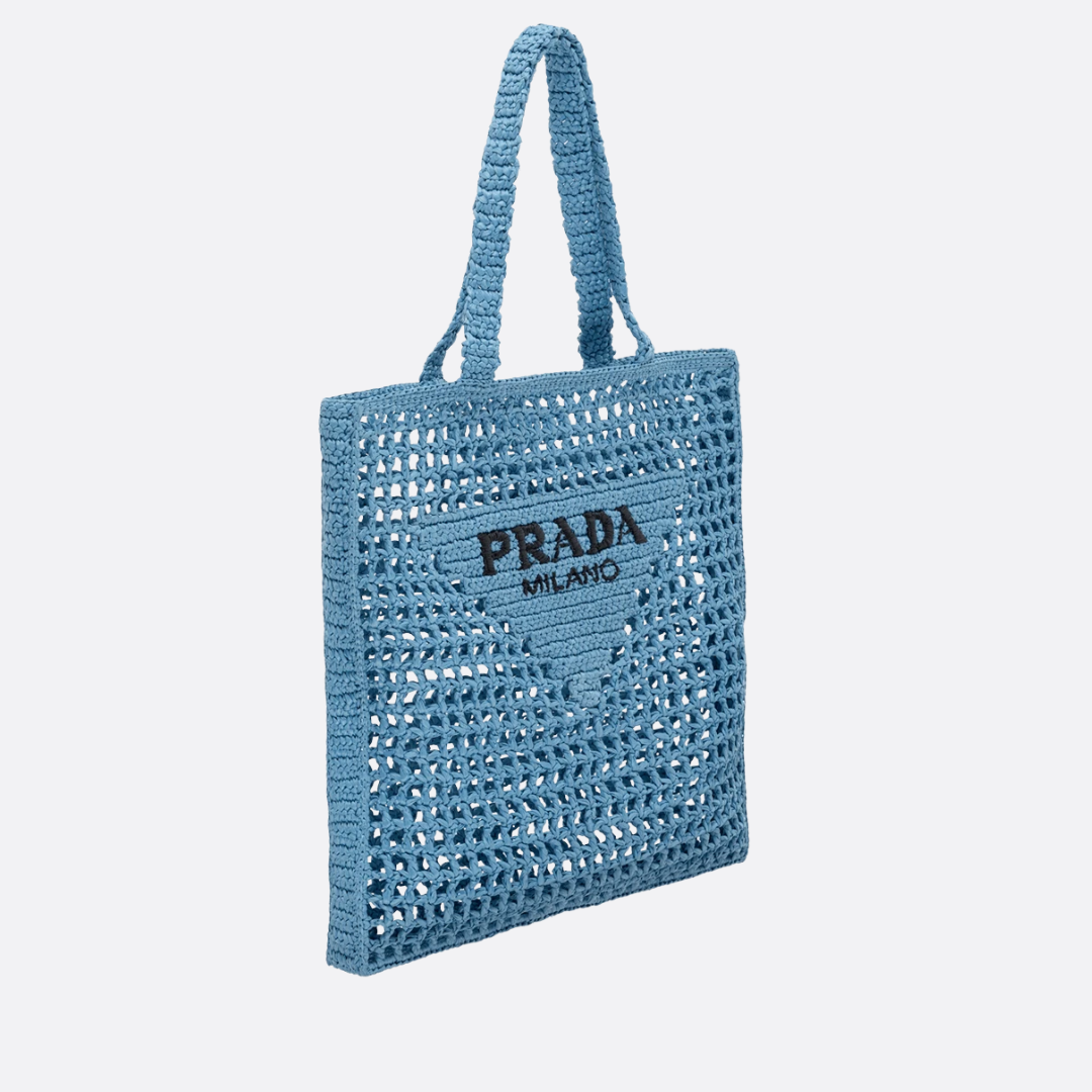 PRADA RAPHIA SHOPPER BAG WITH WOVEN LOGO – BLUE