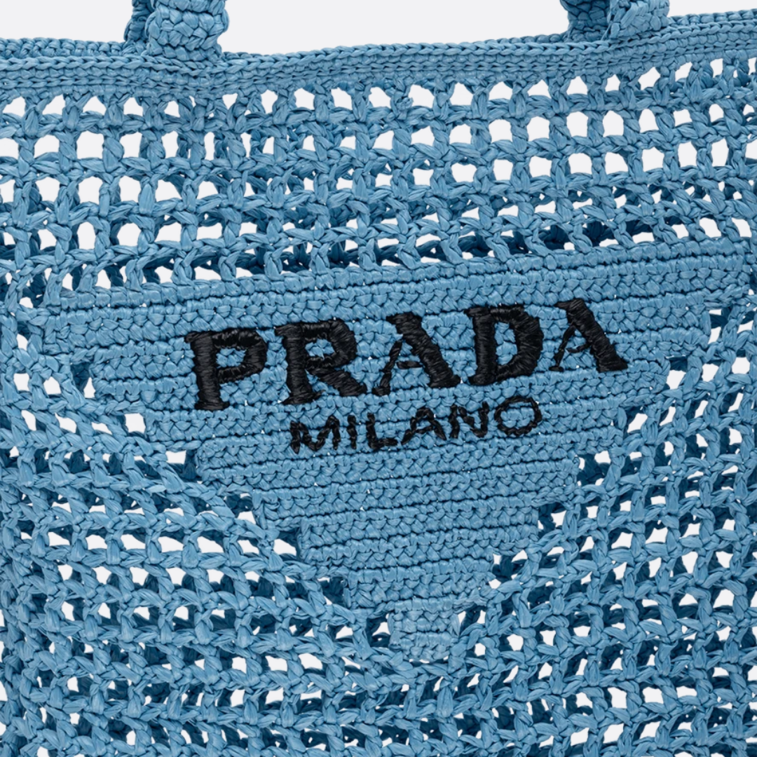 PRADA RAPHIA SHOPPER BAG WITH WOVEN LOGO – BLUE