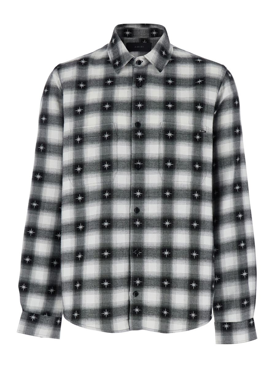 'Stardust' Black Shirt With Classic Collar And All-Over Check Motif In Cotton Man